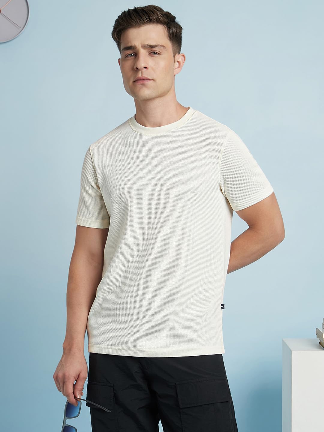 Dennis Lingo Men Cotton Blend Regular-Fit Solid Textured T-Shirts Off White