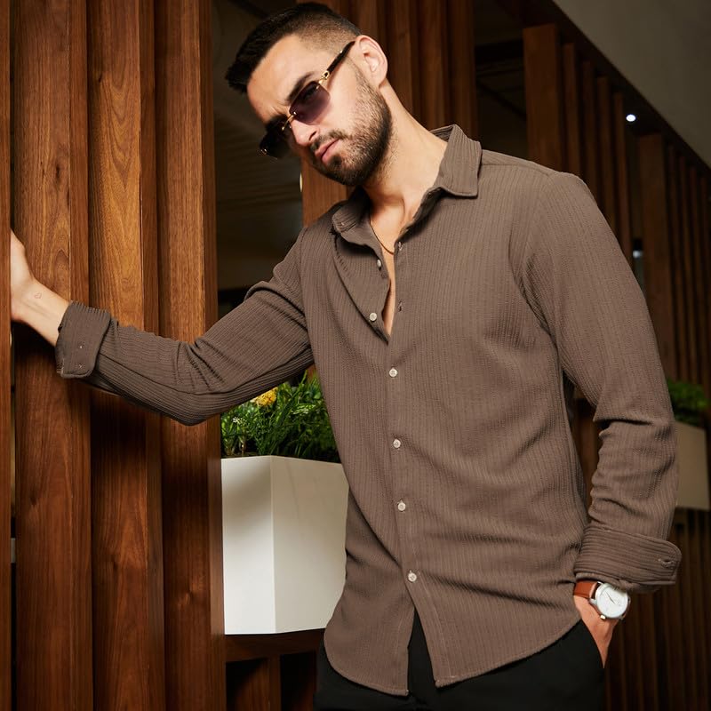 Campus Sutra Mens Tan Brown Stripe-Creased Shirt for Casual Wear | Spread Collar | Long Sleeves | Button Closure | Shirt Crafte