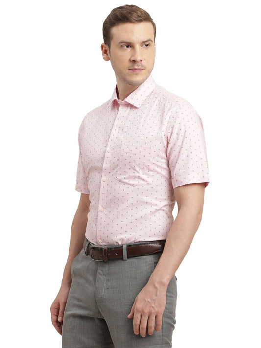 Turtle Men 100% Cotton Regular Fit Light Pink Printed Half Sleeve Formal Shirt