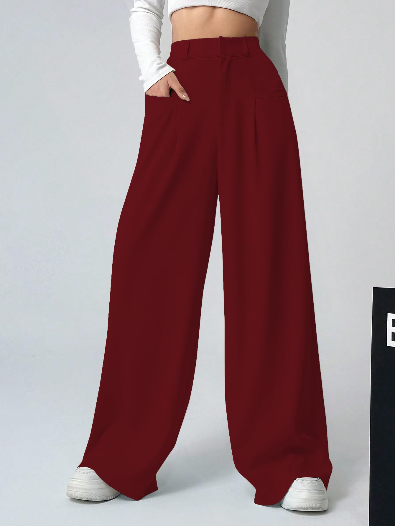 Shasmi Women & Girls Solid Maroon Color Loose Fit, Pleated Trousers, Wide Leg Pocket Casual Long Korean Trousers Pant (Pant 146