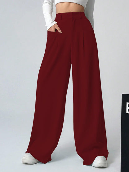 Shasmi Women & Girls Solid Maroon Color Loose Fit, Pleated Trousers, Wide Leg Pocket Casual Long Korean Trousers Pant (Pant 146