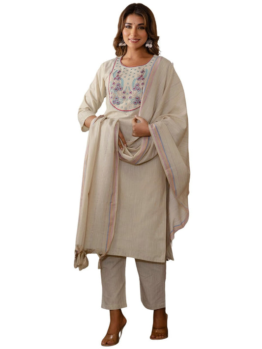 Sanisa Women's Cotton Blend Weaving & Embroidery Straight Kurta with Pant and Dupatta Set