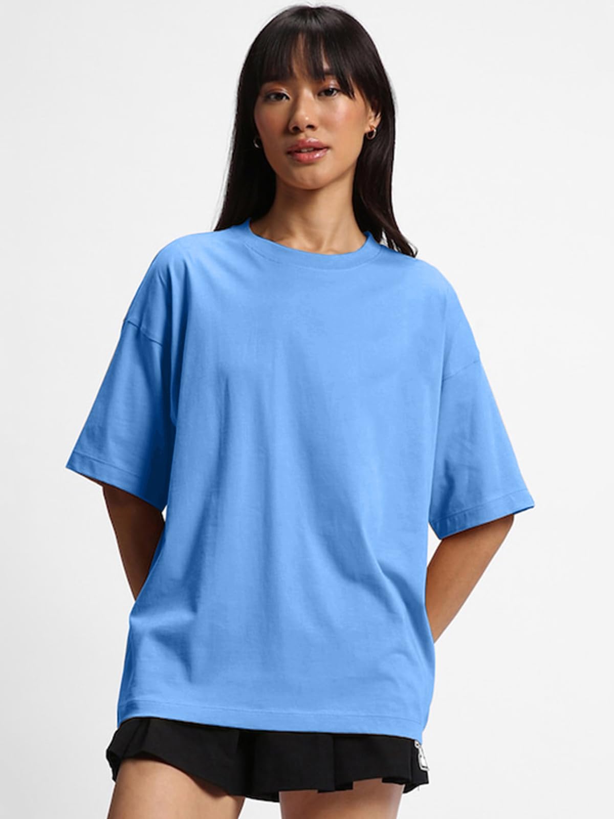 JUNEBERRY Pure Cotton Drop Shoulder Oversized Baggy Fit Half Sleeve Plain Solid Round Neck Multicolor T-Shirt for Women & Girls