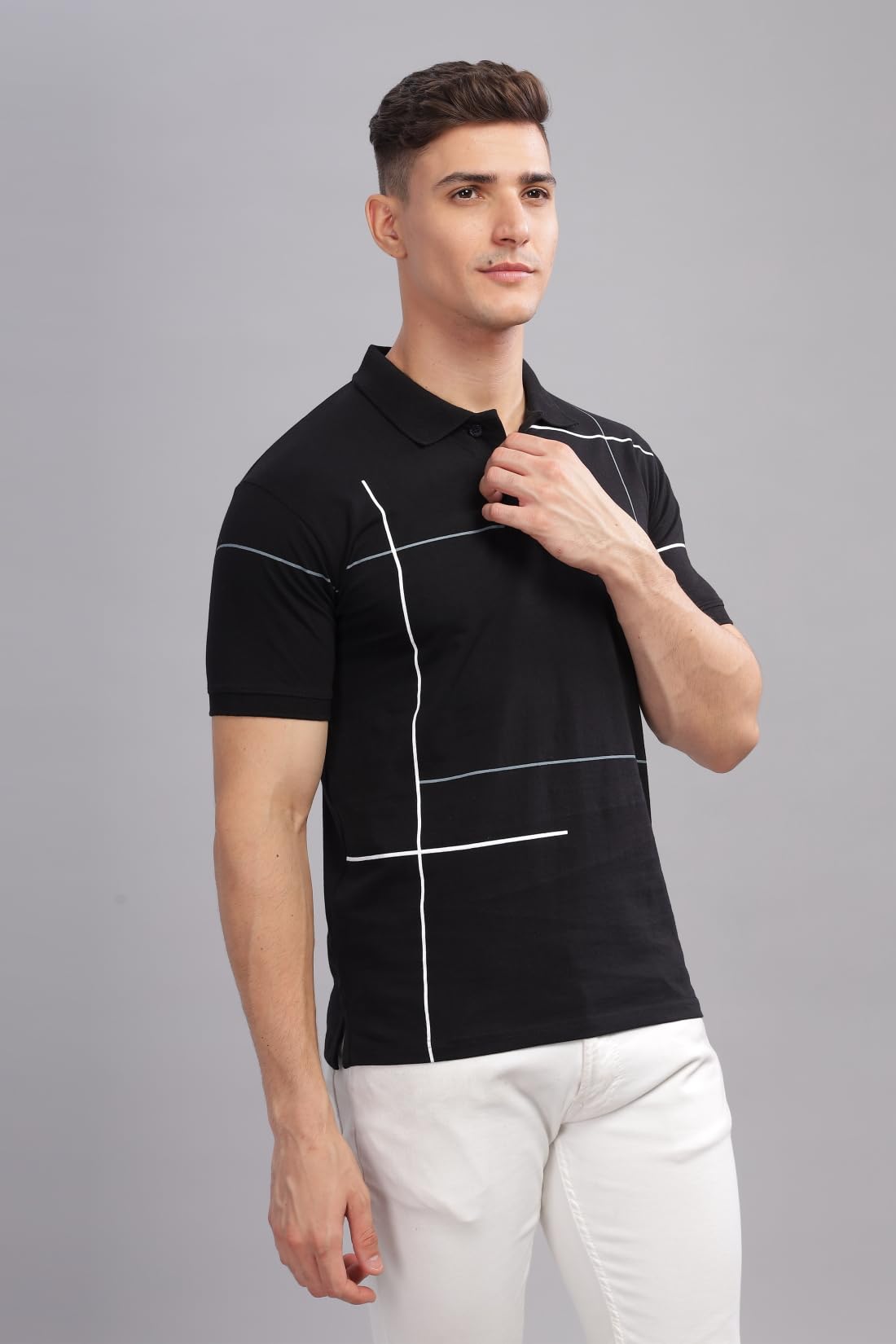 ADRO Men's Solid Regular Fit Polo Shirt (PNOP24-L1-BLWHGR_Black