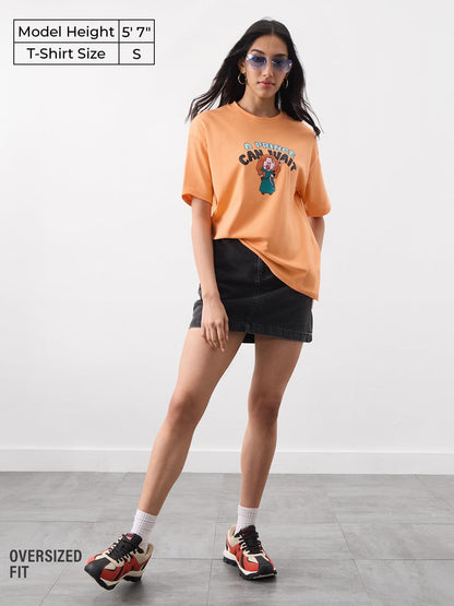 The Souled Store Disney: Women and Girls Short Sleeves Round Neck Orange Typography Graphic Printed Cotton Lightweight Everyday