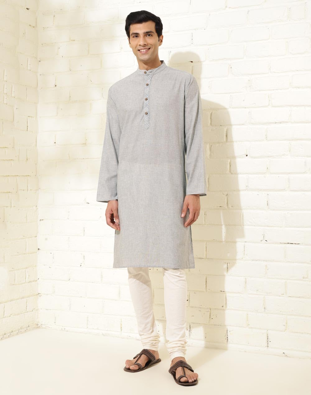 Fabindia MenS Cotton Solid Slim Kurta (1037166Grey_Grey