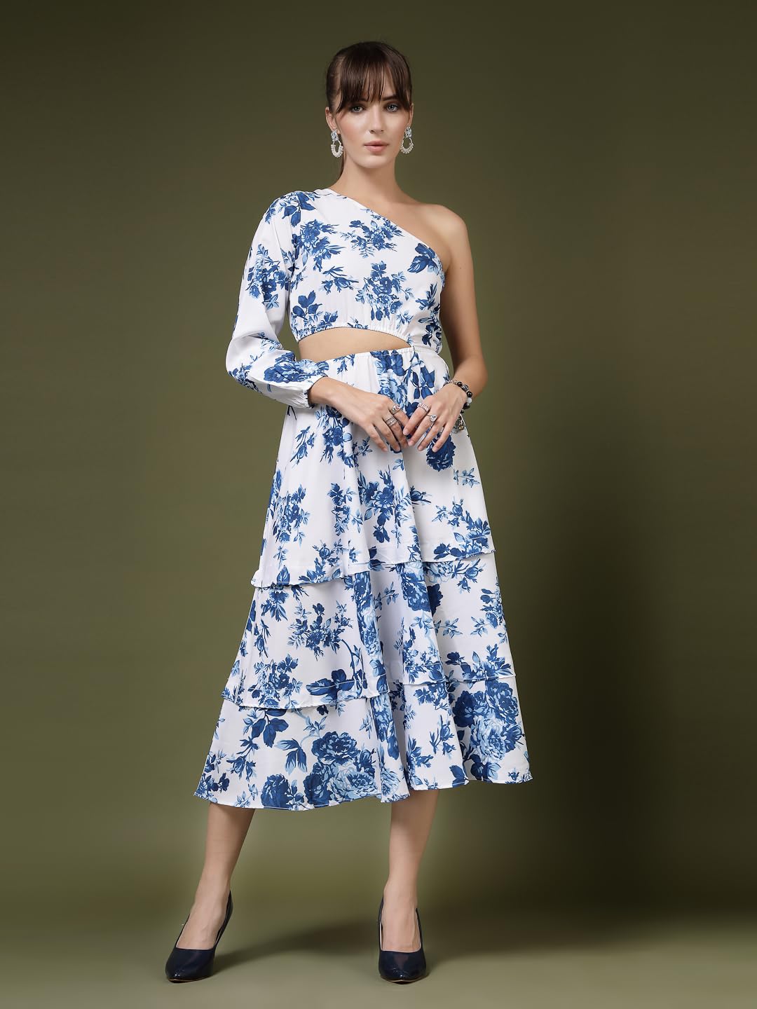 Oomph! WomenS Western & Fusion Wear Printed Crepe Dress For Women, One Shoulder, White - Md1071