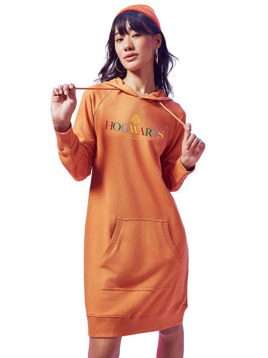 Bewakoof Official Harry Potter Merchandise Womens Graphic Printed Regular Fit Full Sleeve Terry Hoodie Dress_629668_Orange_XL