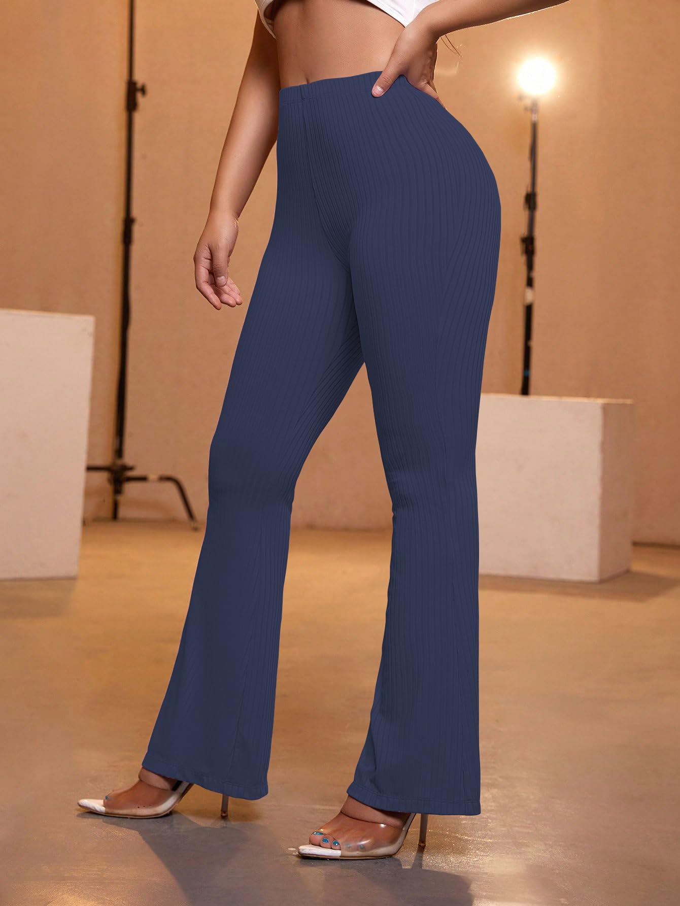 AVANOVA Navy Blue Womens Yoga Dress Pants Stretchy Work Slacks Business Casual Office Flare Bell-Bottom/Boot-Cut Elastic Waist