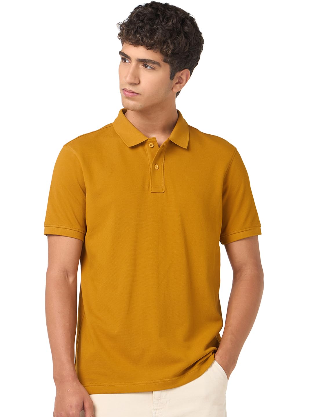 Bewakoof Mens Solid Regular Fit Half Sleeve Collared Neck Cotton Polo T-Shirt_685321_Yellow_XL