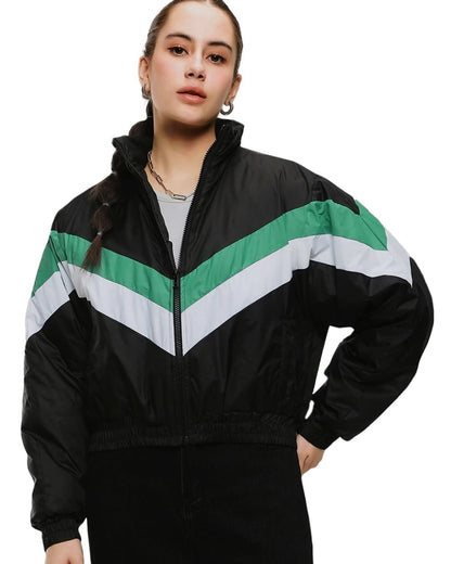 Bewakoof Womens Color Block Oversized Fit Full Sleeve Stand Collar Nylon Bomber Jacket_499002_Black_2XL
