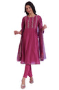 Aurelia Women's Pink Embroidered Cotton Blend Flared Kurta, Pants and Dupatta Set (Size: S)-AS15773-705591