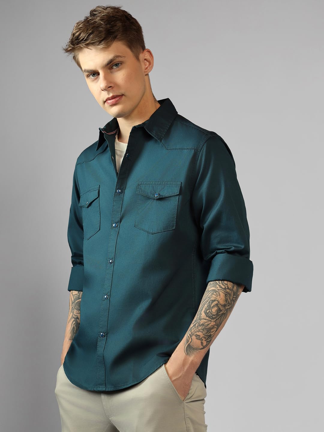 Dennis Lingo MenS| Teal| Full Sleeve| Spread Collar| Solid| Regular Fit| Casual Shirt
