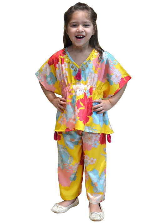 A.T.U.N. (ALL THINGS UBER NICE) Girls Yellow Floral Printed Polysilk Top with Straight Pant Set