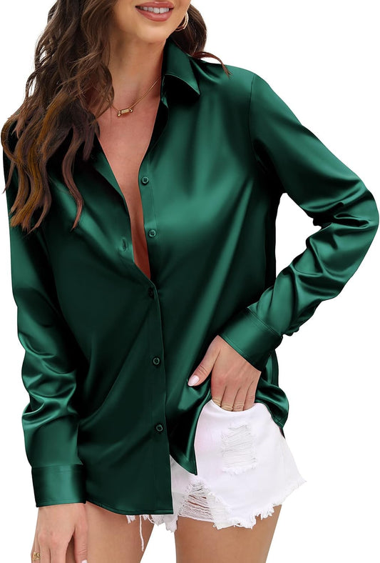 Indoprimo WomenS Satin Shirt With Spread Collar Neck Line Solid Pattern Full Sleeves Regular Fit Western Style And Standard Len