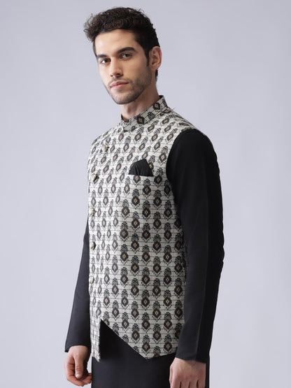 Kisah Nehru Jacket For Men  Foil Print Cotton Blend Modi Jacket | Ethnic & Formal Waist Coat For Weddings, Parties & Office Wear