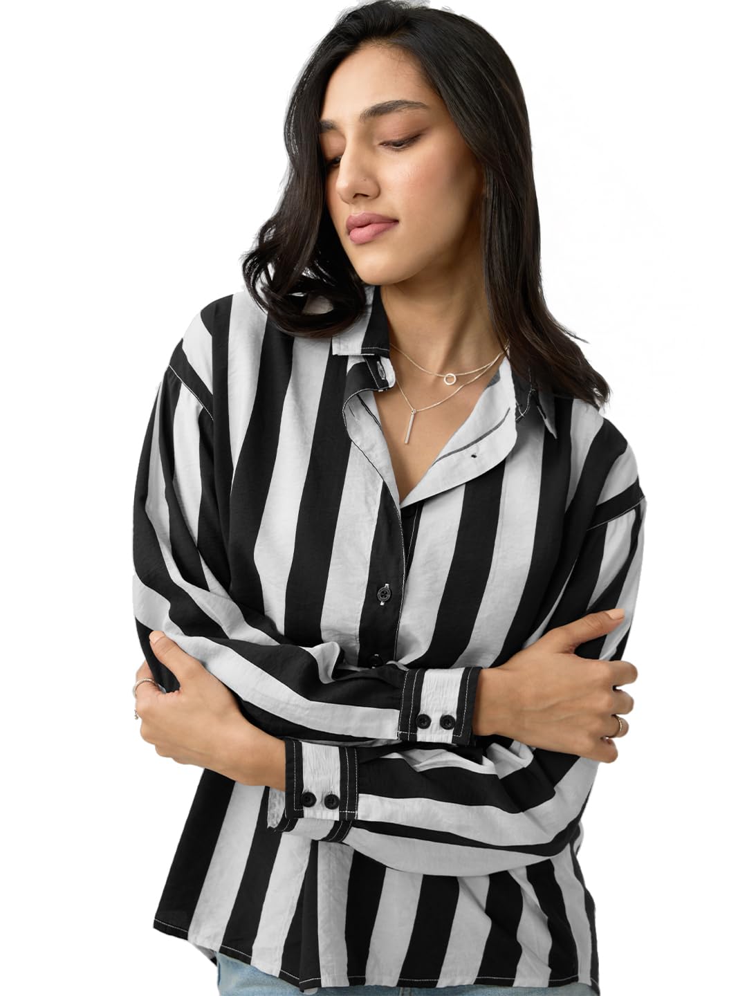 The Souled Store Stripe Shirt: Black, White Women and Girls Long Sleeves Collared Neck Button Front Viscose Blend Boyfriend Shir