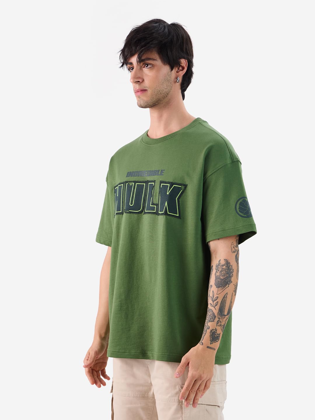 The Souled Store Official Hulk: Gamma Fury Men and Boys Short Sleeves Round Neck Green Graphic Printed Cotton Oversized T-Shirts
