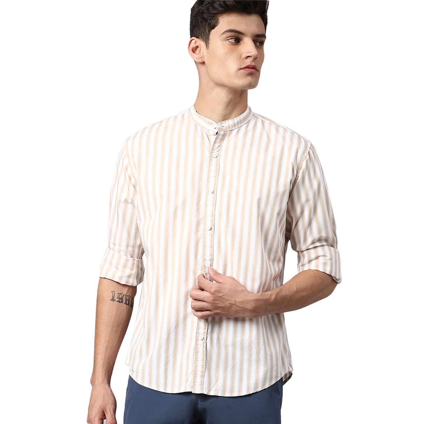 Dennis Lingo MenS Slim Fit Striped Beige1 Casual Shirt