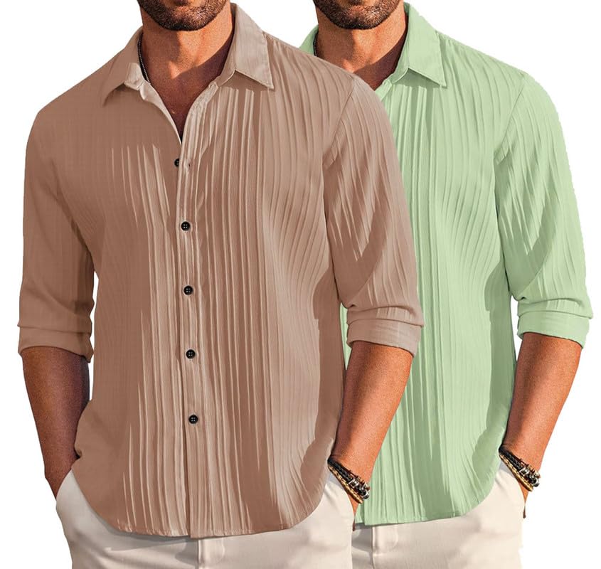 Deelmo Combo Of MenS Casual Button Down Shirts Long Sleeve Linen Shirt Fashion Textured Summer Shirts Pack Of 2