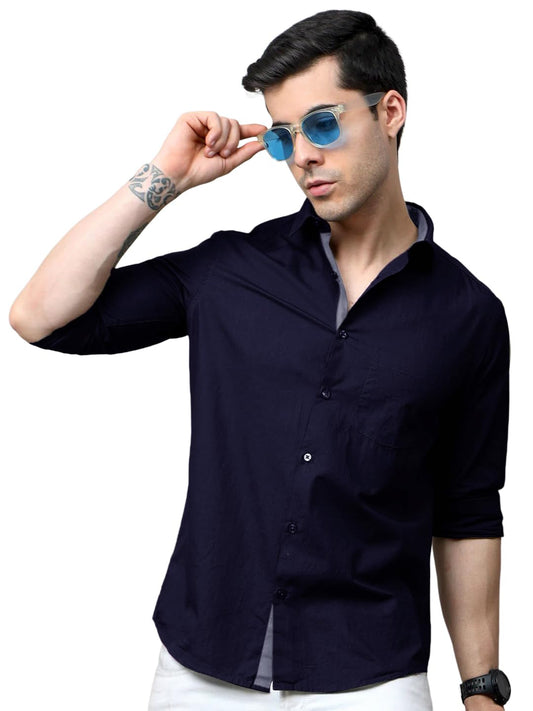 Pinkmint Cotton Soild Shirt for Men Long Sleev Spread Collar Pattern Formal Shirt, Casual Wear Dark Blue