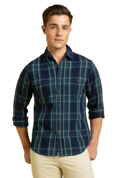 Dennis Lingo Men Cotton Relaxed Fit Checks Shirts Navy Blue