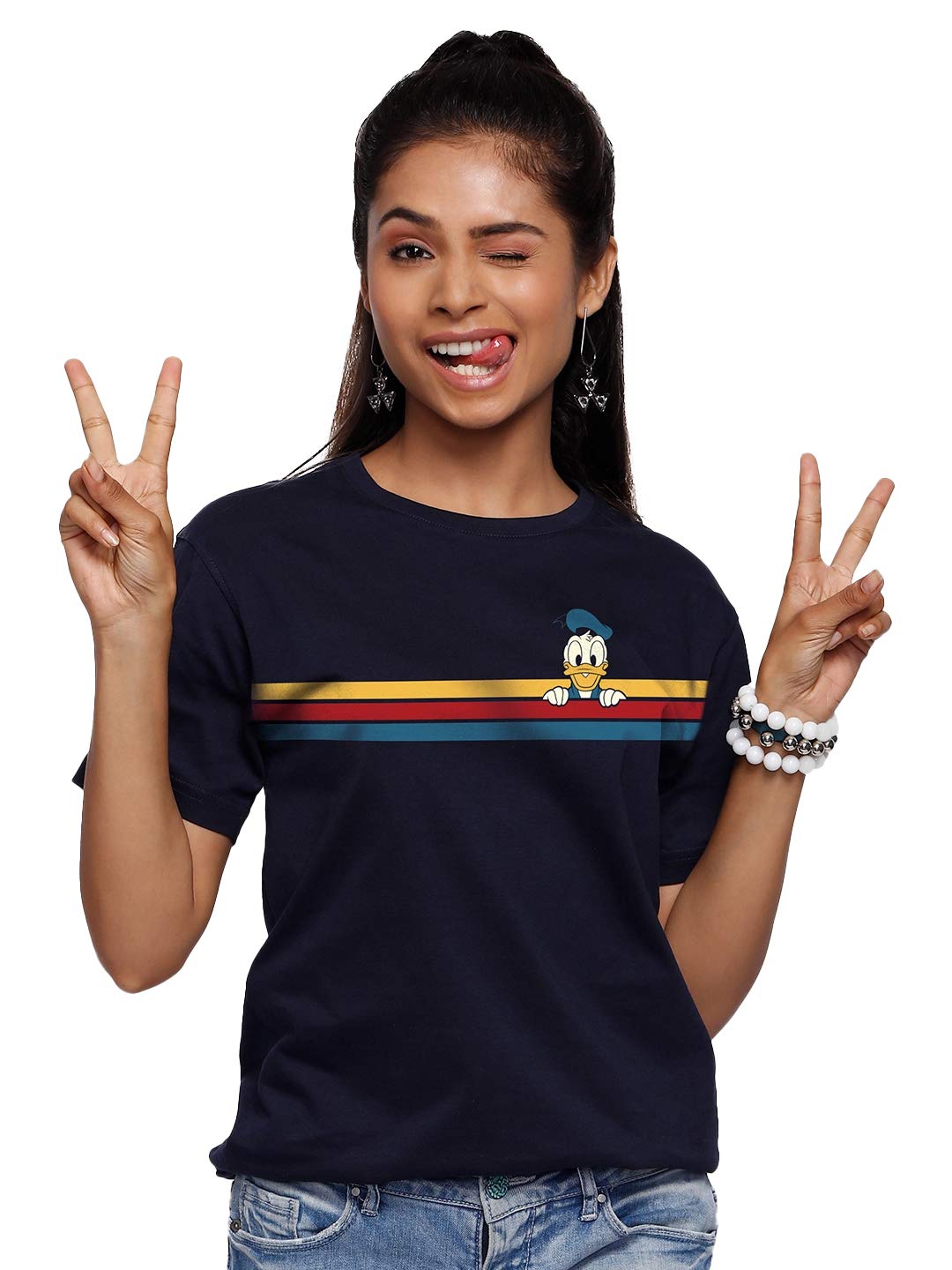 The Souled Store Donald Duck: Stripes Mens and Womens Graphic Printed Cotton T-Shirt Blue T-Shirts Fashionable Trendy Graphic Pr
