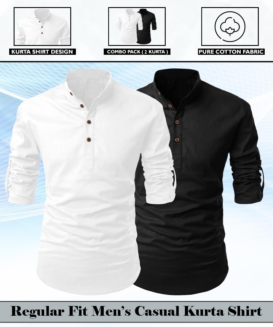 Finivo Fashion Combo Of MenS Cotton Blend Solid Full Sleeve Short Kurta White - Black
