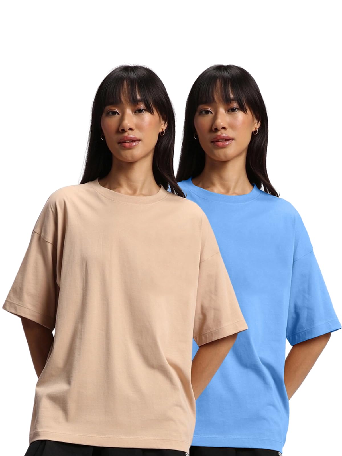 JUNEBERRY Pure Cotton Drop Shoulder Oversized Baggy Fit Half Sleeve Plain Solid Round Neck Multicolor T-Shirt for Women & Girls
