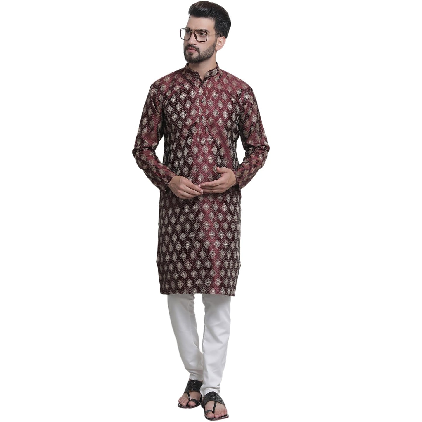 SOJANYA (Since 1958 Men's Silk Blend Booti Jacquard Maroon Kurta & Off-White Churidar Pyjama Set