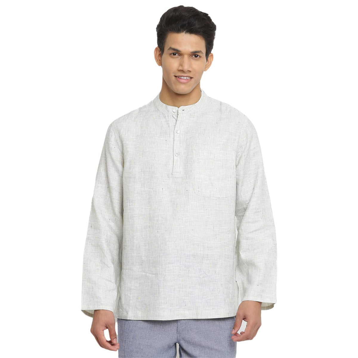 Fabindia Men Collar Linen Striped Mid Placket Shirt Chinese_Xs Grey