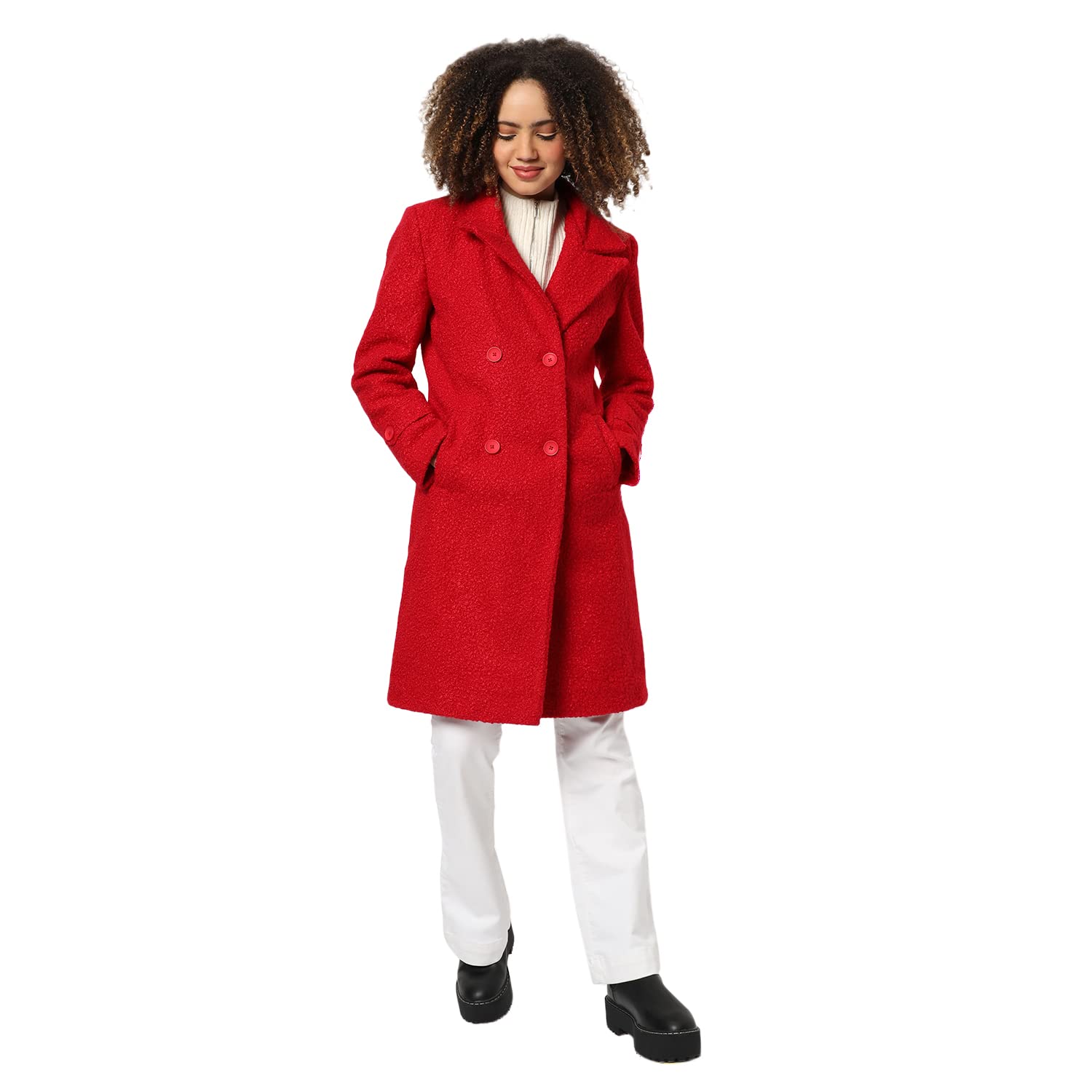 Campus Sutra Womens Red Regular Fit Long Coat For Winter Wear | Collar Neck | Full Sleeve | Buttoned | Casual Jacket For Woman