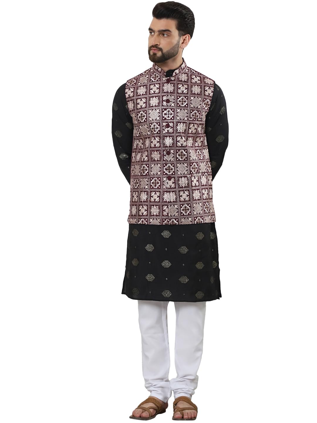 SOJANYA (Since 1958 Men's Cotton Silk Embroidered Black Kurta and White Pyjama with Maroon Nehru Jacket