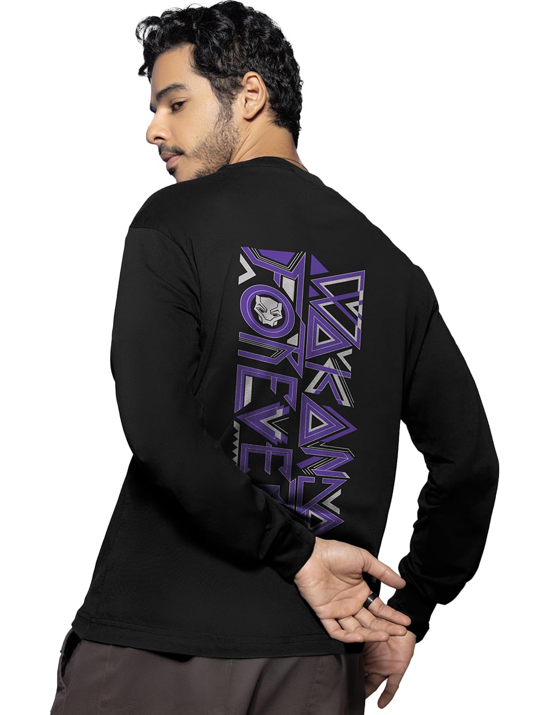 Bewakoof Mens Wakanda Forever 2.0 Graphic Print Black Round Neck Full Sleeve Oversized T-Shirt