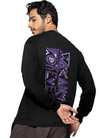 Bewakoof Mens Wakanda Forever 2.0 Graphic Print Black Round Neck Full Sleeve Oversized T-Shirt