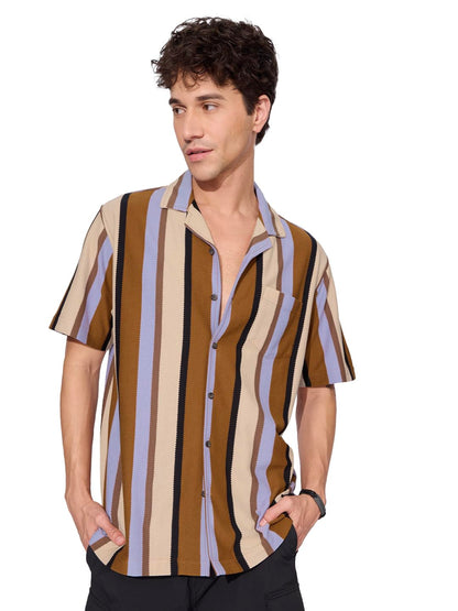 The Souled Store Stripes: Rust, Purple, Yellow Men and Boys Short Sleeves Collared Neck Button Front Cotton Blend Knit Shirts