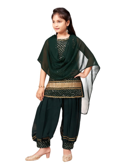 Aarika Girls Ethnic Wear D-Green Colour Sequin Embroidery Lace Work Georgette Kurti Patiala Set (4-10 Years)