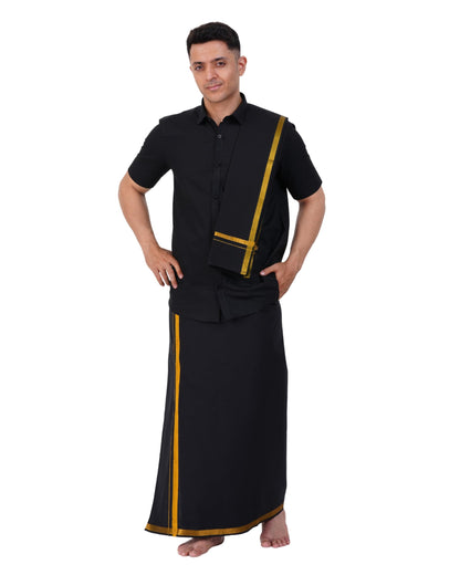 Prakasam Cotton Mens Flexi Readymade Black Jari Border Dhoti + Half Sleeve Black Shirt + Matching Black Jari Border Towel
