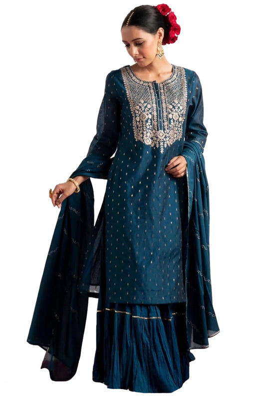 ANNI DESIGNER Womens Rayon Blend Straight Embroidered Kurta with Sharara & Dupatta (Naras Kerosin_L_Dark Blue_Large)
