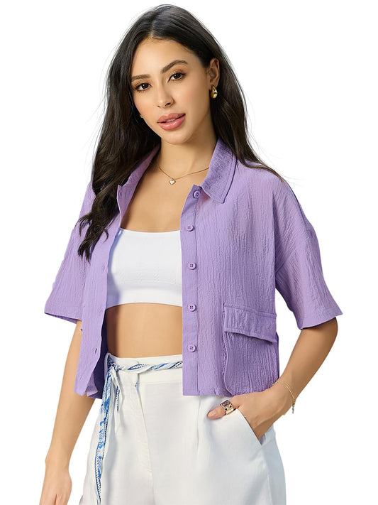 Bewakoof Womens Solid Oversized Fit Half Sleeve Collared Neck 100% Polyester Crop Shirt_633555_Purple_XL