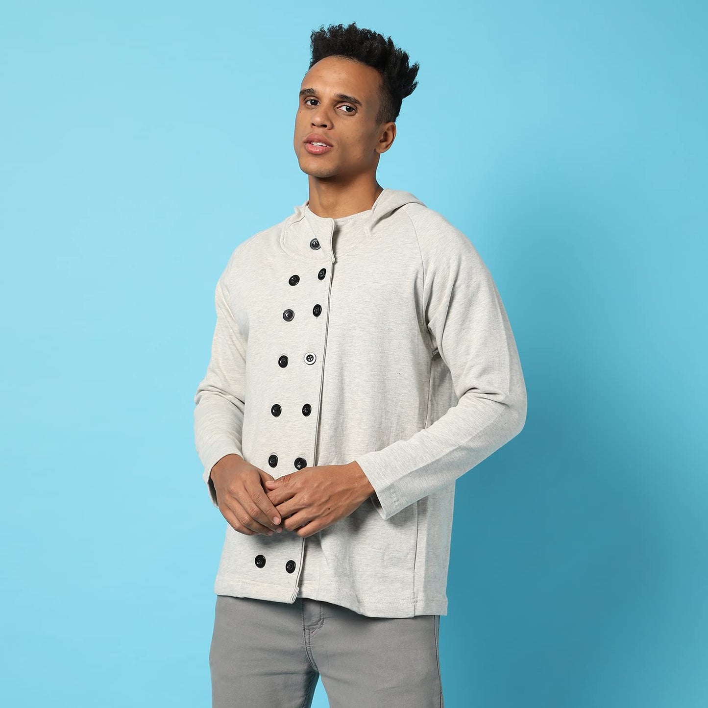 Campus Sutra Mens Grey Solid Cotton Jacket Regular Fit For Casual Wear, Collar With Hoodie, Double Breasted, Crafted With Comfor