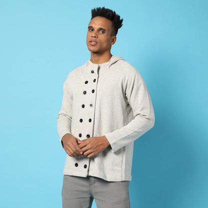 Campus Sutra Mens Grey Solid Cotton Jacket Regular Fit For Casual Wear, Collar With Hoodie, Double Breasted, Crafted With Comfor