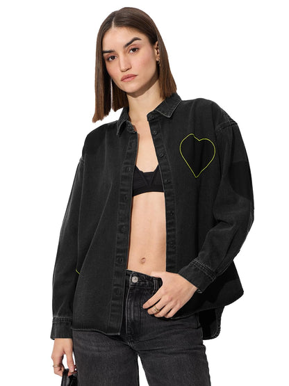 The Souled Store Originals: Little Hearts Denim Women and Girls Long Sleeve Oversized Fit Cotton Shackets
