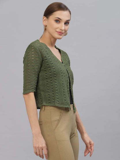 Style Quotient Women Self Design Olive Cotton lace Regular Smart Casual Shrug