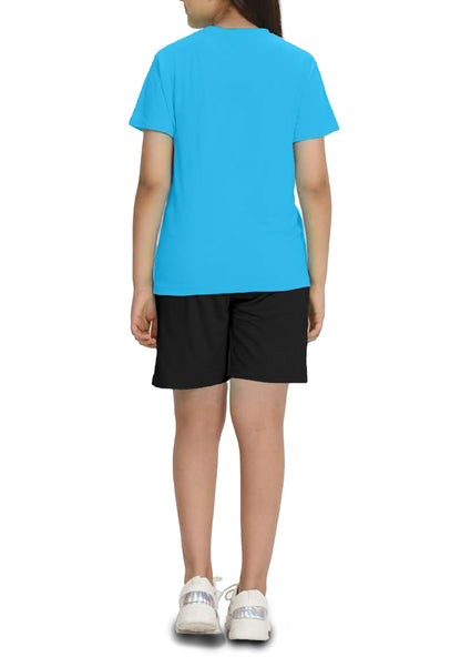 Kyda Kids Girls 100% Pure Cotton Premium Blue Printed Tshirt And Short Set For Summer (Pack Of 1)