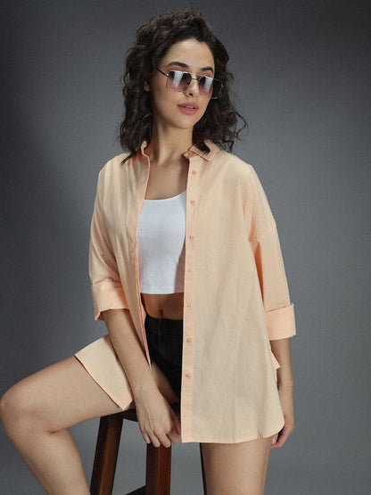 High Star WomenS Solid Oversized Fit Shirt (Hswshs23001_Pink 2
