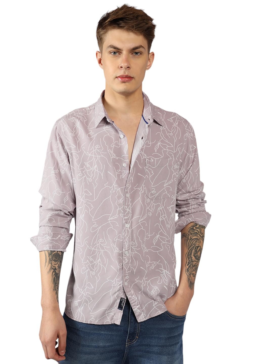 Dennis Lingo MenS | Mauve | Printed | Spread Collar | Full Sleeve | Relaxed | Casual Shirt