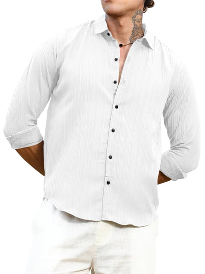 Finivo Fashion MenS Striped Cotton Casual Button Down Shirts Long Sleeve Textured Summer Beach Shirt For Men White