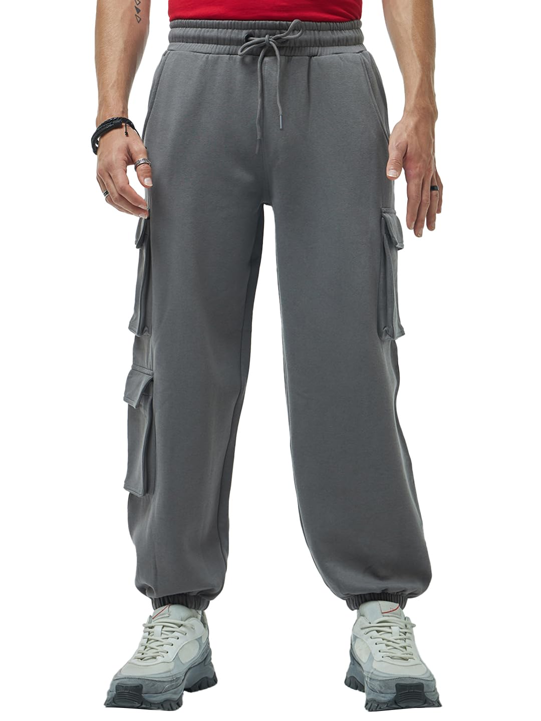 Bewakoof Heavy Duty 1.0 Mens Solid Super Loose Fit Terry Cargo Joggers_604166_Grey_XL