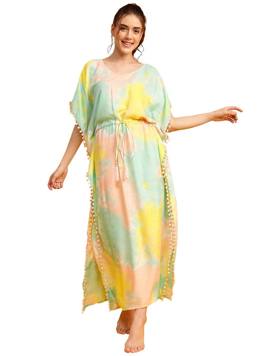 Clovia Womens Rayon Tie-Dye Print Long Kaftan (NS0865J19_Multi_M-L) Multicolour
